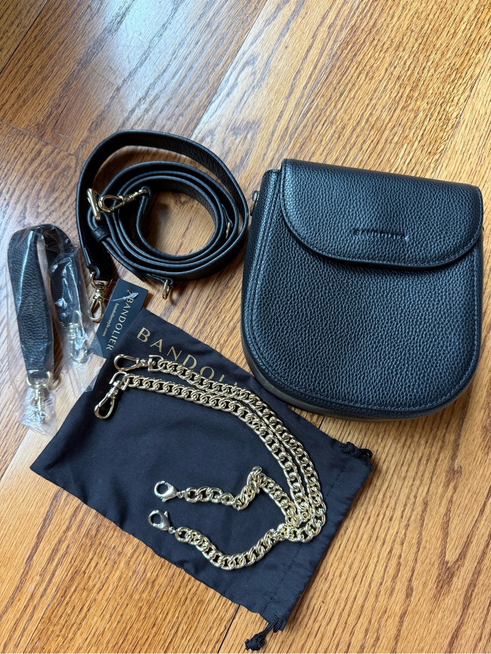 Bandolier Shay Black Pebbled Leather Crossbody Bag with Gold Chains and wristlet